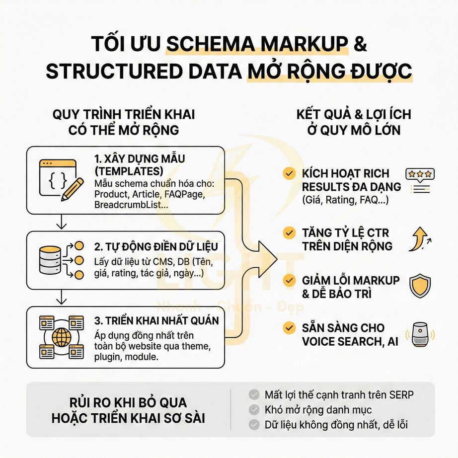 Infographic quy trình tối ưu schema markup và structured data, lợi ích rich results, tăng CTR, giảm lỗi cho website SEO