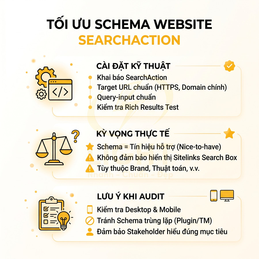 Hướng dẫn tối ưu schema SearchAction cho website với cài đặt kỹ thuật, kỳ vọng thực tế và lưu ý khi audit