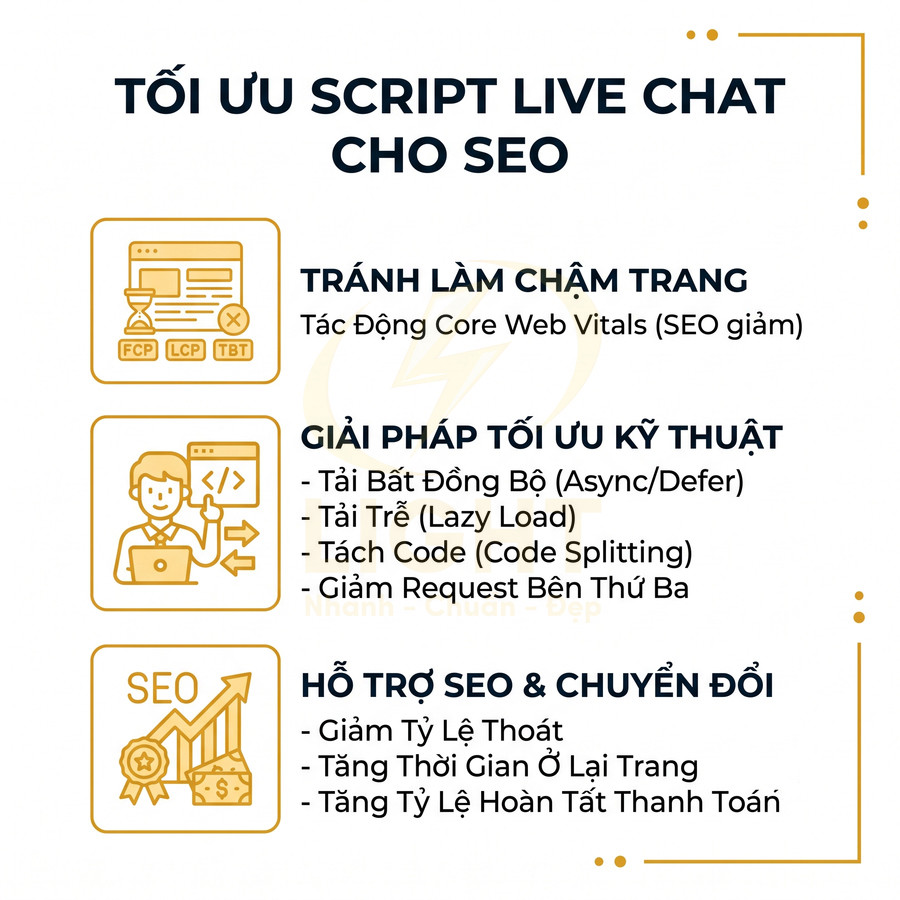 Infographic tối ưu script live chat cho SEO với giải pháp kỹ thuật và hỗ trợ tăng chuyển đổi trang web