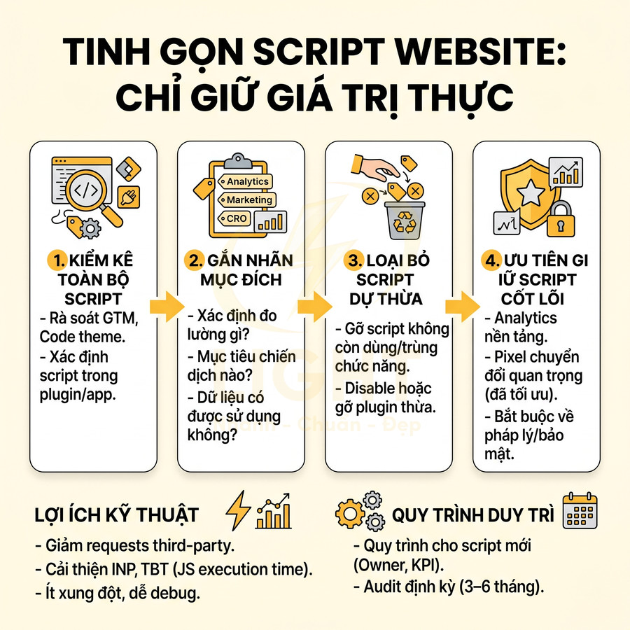 Infographic quy trình tinh gọn script website, kiểm kê, gắn nhãn mục đích, loại bỏ dư thừa và giữ script cốt lõi
