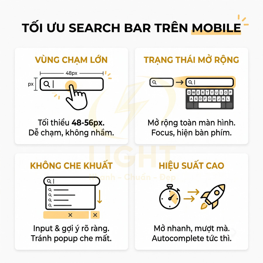 Hướng dẫn tối ưu thanh tìm kiếm trên mobile với vùng chạm lớn, không che khuất và hiệu suất cao