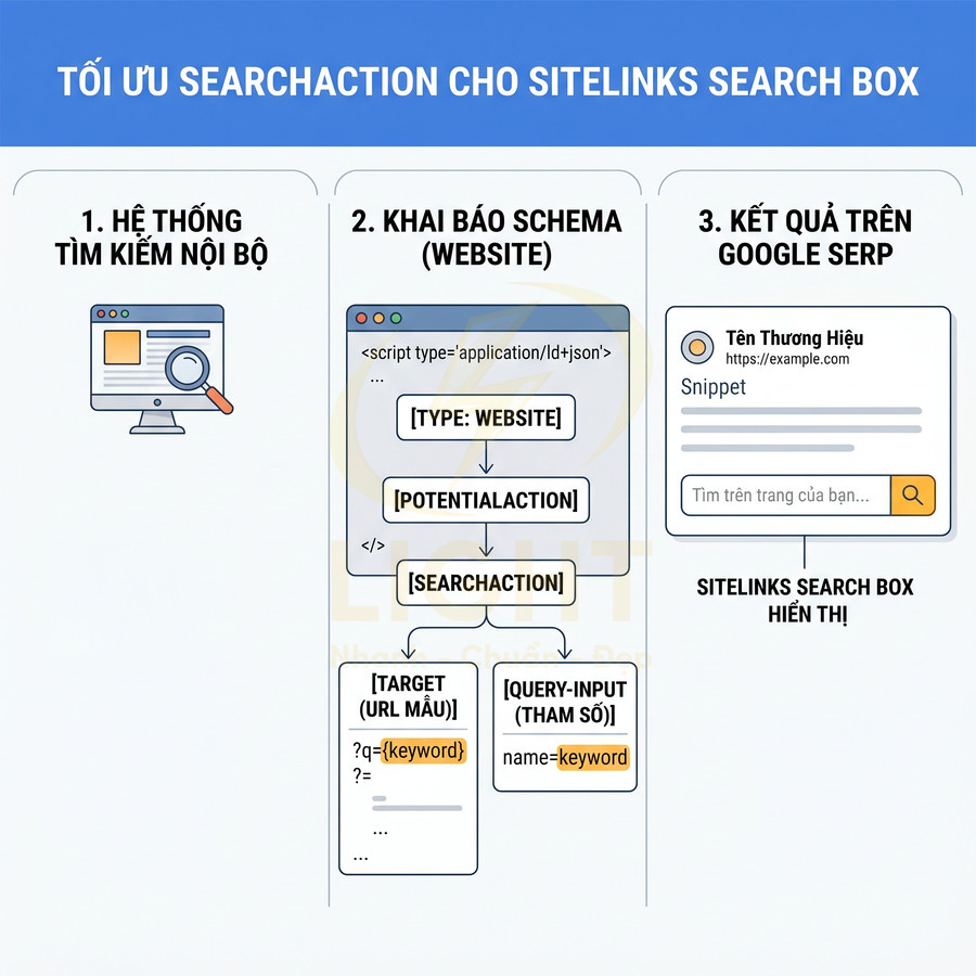 Hướng dẫn tối ưu SearchAction schema cho sitelinks search box trên kết quả tìm kiếm Google