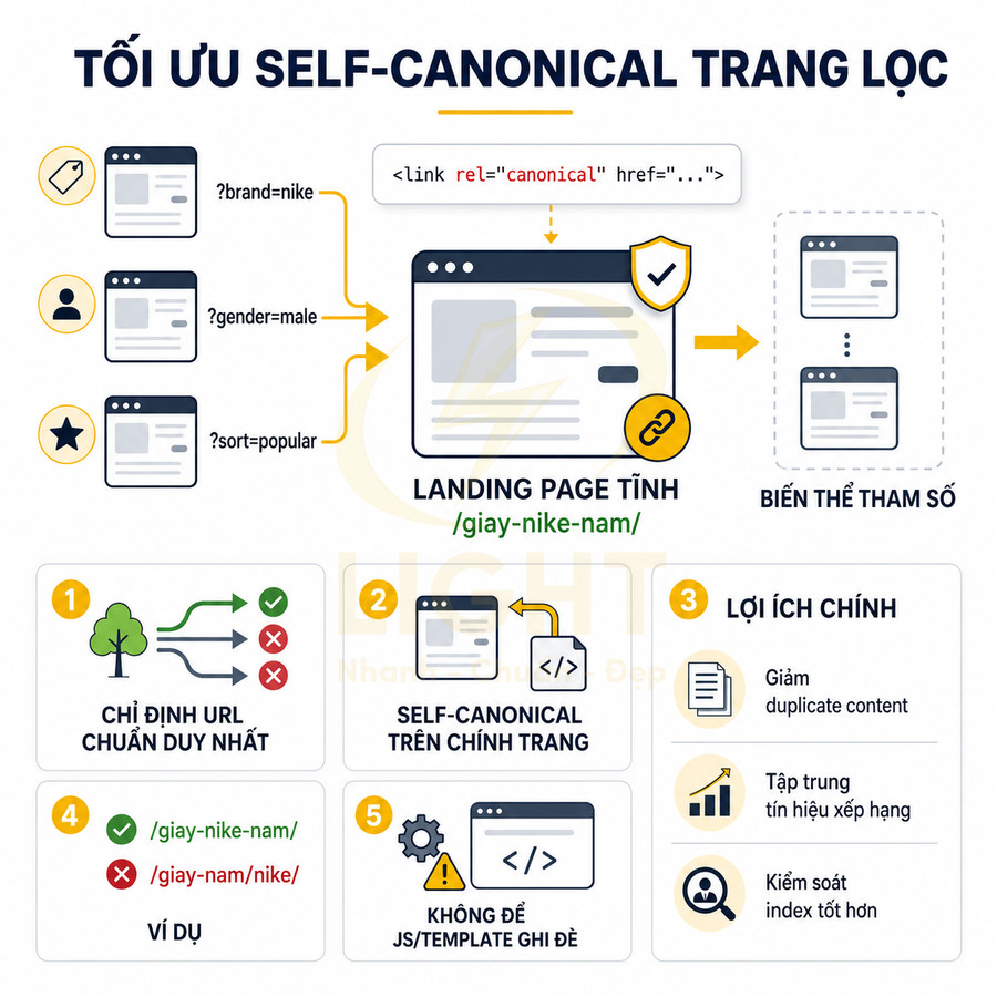 Infographic hướng dẫn tối ưu thẻ self canonical cho landing page giày Nike nam trên website SEO