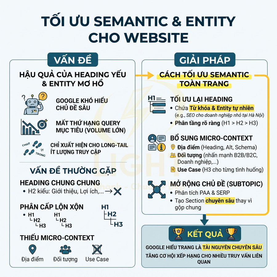 Hướng dẫn tối ưu semantic và entity cho website với ví dụ cải thiện heading, micro context và mở rộng chủ đề