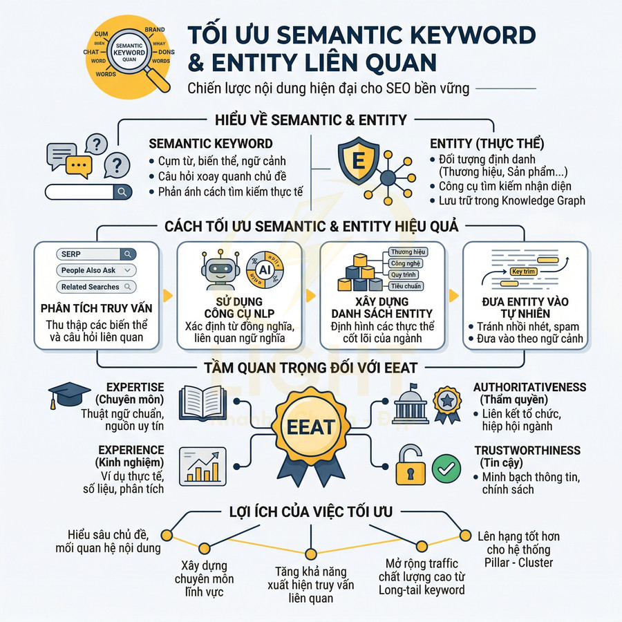 Infographic tối ưu semantic keyword và entity liên quan trong chiến lược nội dung SEO bền vững