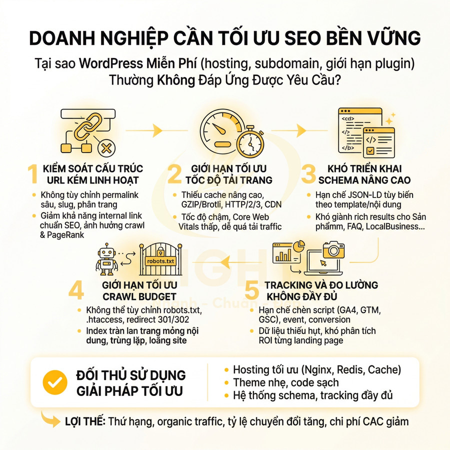 Infographic lý do doanh nghiệp cần tối ưu SEO bền vững và hạn chế của WordPress miễn phí