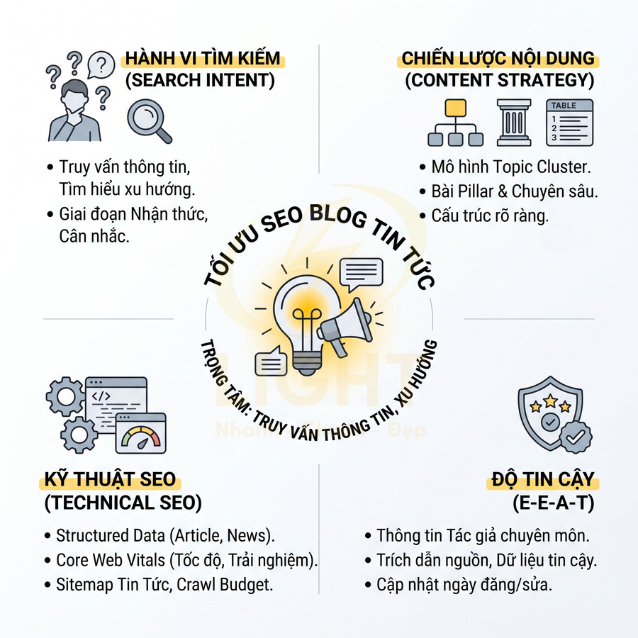 Infographic tối ưu SEO blog tin tức với hành vi tìm kiếm, chiến lược nội dung, kỹ thuật SEO và độ tin cậy E-E-A-T