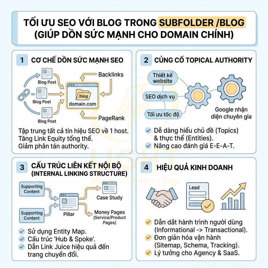 Infographic hướng dẫn tối ưu SEO blog trong subfolder blog để tăng sức mạnh domain chính
