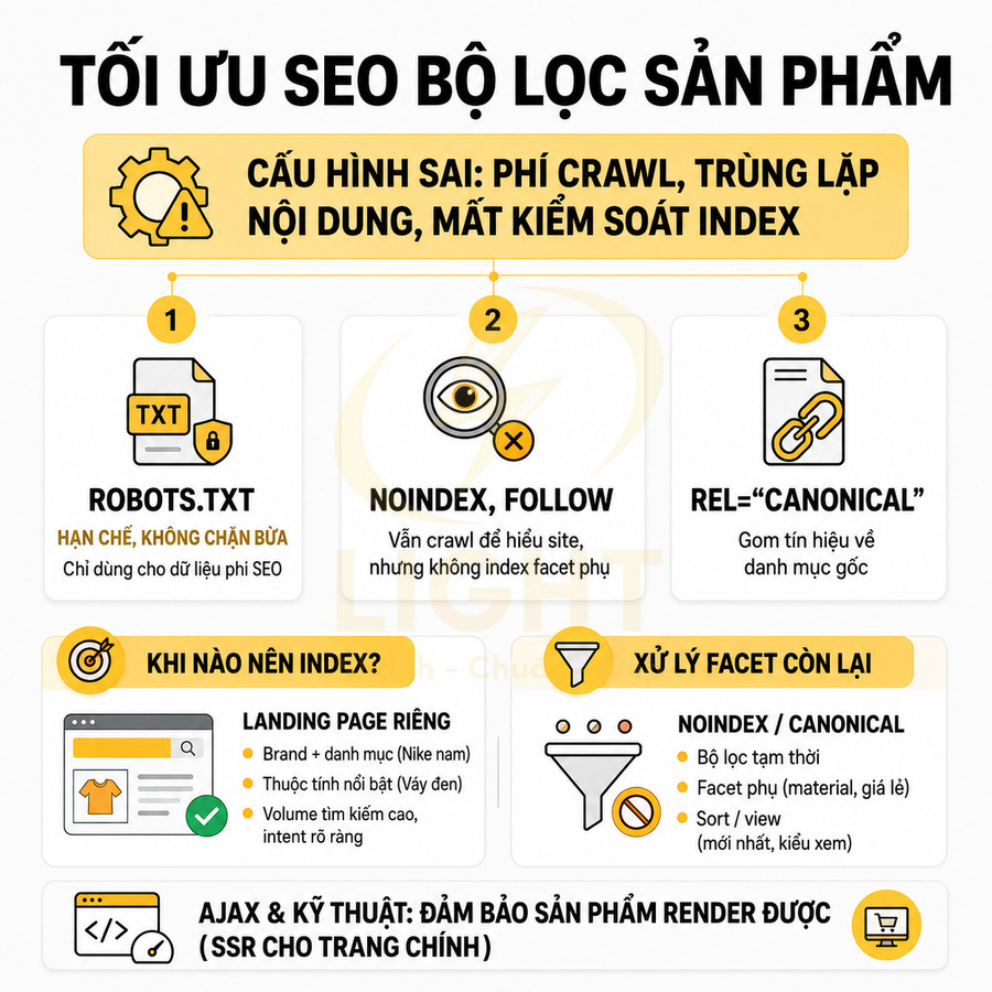 Infographic hướng dẫn tối ưu SEO bộ lọc sản phẩm với robots.txt, noindex follow, canonical và xử lý facet filter