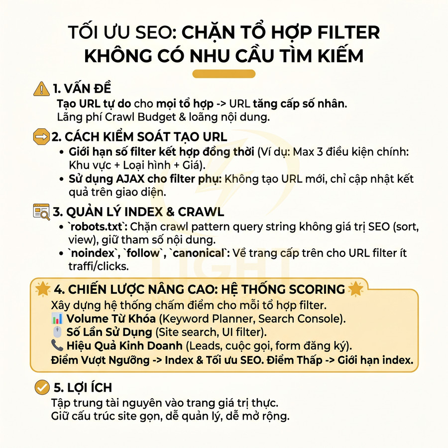 Hướng dẫn tối ưu SEO chặn tổ hợp filter không có nhu cầu tìm kiếm và quản lý index crawl