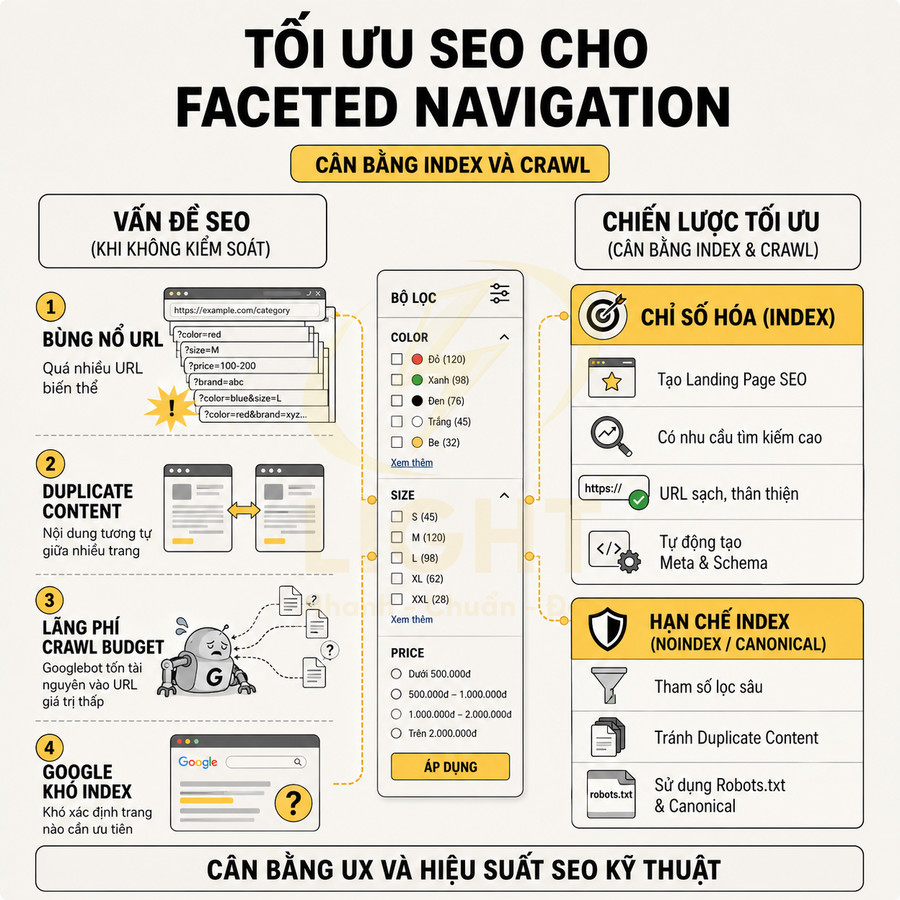 Infographic tối ưu SEO cho faceted navigation với bộ lọc màu sắc, kích thước, giá và chiến lược index, noindex