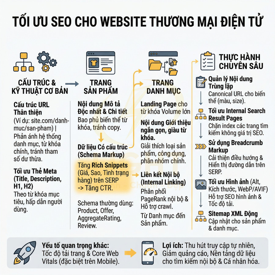 Infographic tối ưu SEO cho website thương mại điện tử với hướng dẫn cấu trúc, trang sản phẩm, danh mục và thực hành chuyên sâu