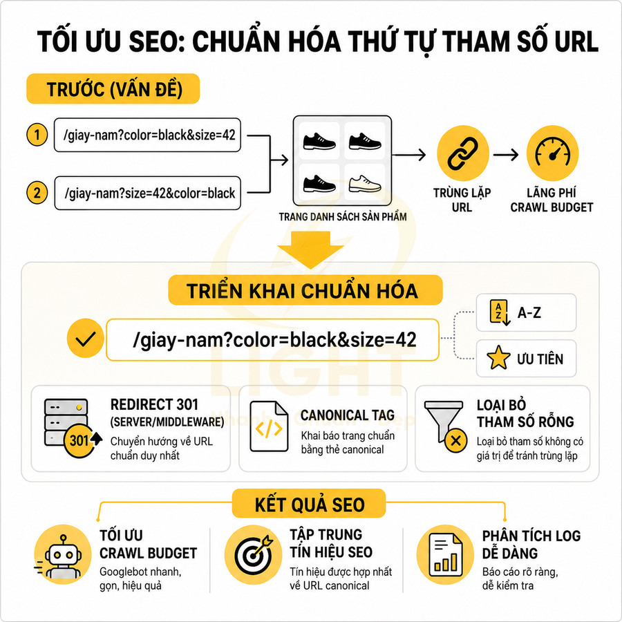 Infographic tối ưu SEO chuẩn hóa thứ tự tham số URL với ví dụ trang giày nam và các bước triển khai canonical, redirect 301