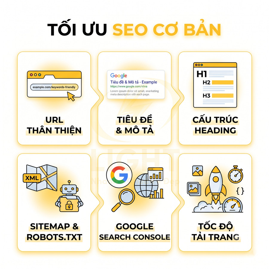 Các yếu tố tối ưu SEO cơ bản gồm URL thân thiện, tiêu đề, heading, sitemap, Google Search Console và tốc độ tải trang