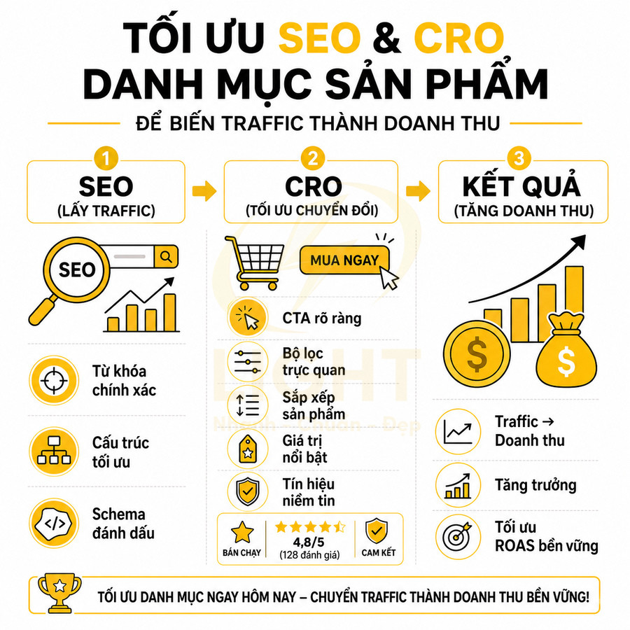 Infographic tối ưu SEO và CRO cho danh mục sản phẩm để tăng traffic và chuyển đổi doanh thu