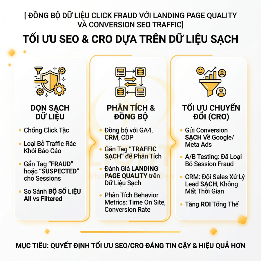 Infographic tối ưu SEO và CRO dựa trên dữ liệu sạch với các bước dọn dữ liệu phân tích đồng bộ và tối ưu chuyển đổi