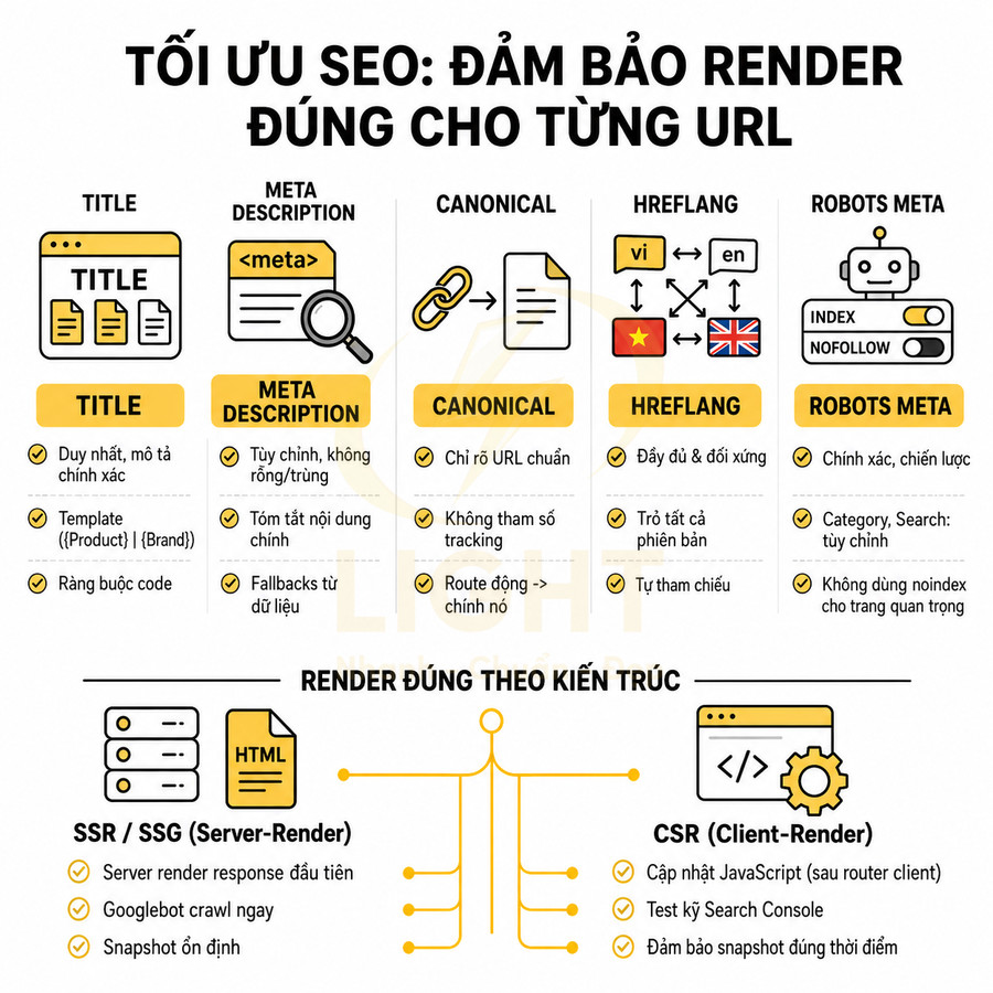 Hướng dẫn tối ưu SEO đảm bảo render đúng cho từng URL với title, meta description, canonical, hreflang và robots meta