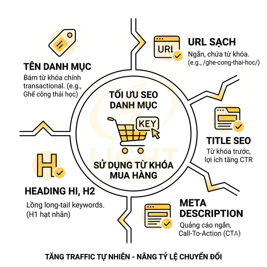 Infographic hướng dẫn tối ưu SEO danh mục với từ khóa mua hàng, URL sạch, title, heading và meta description