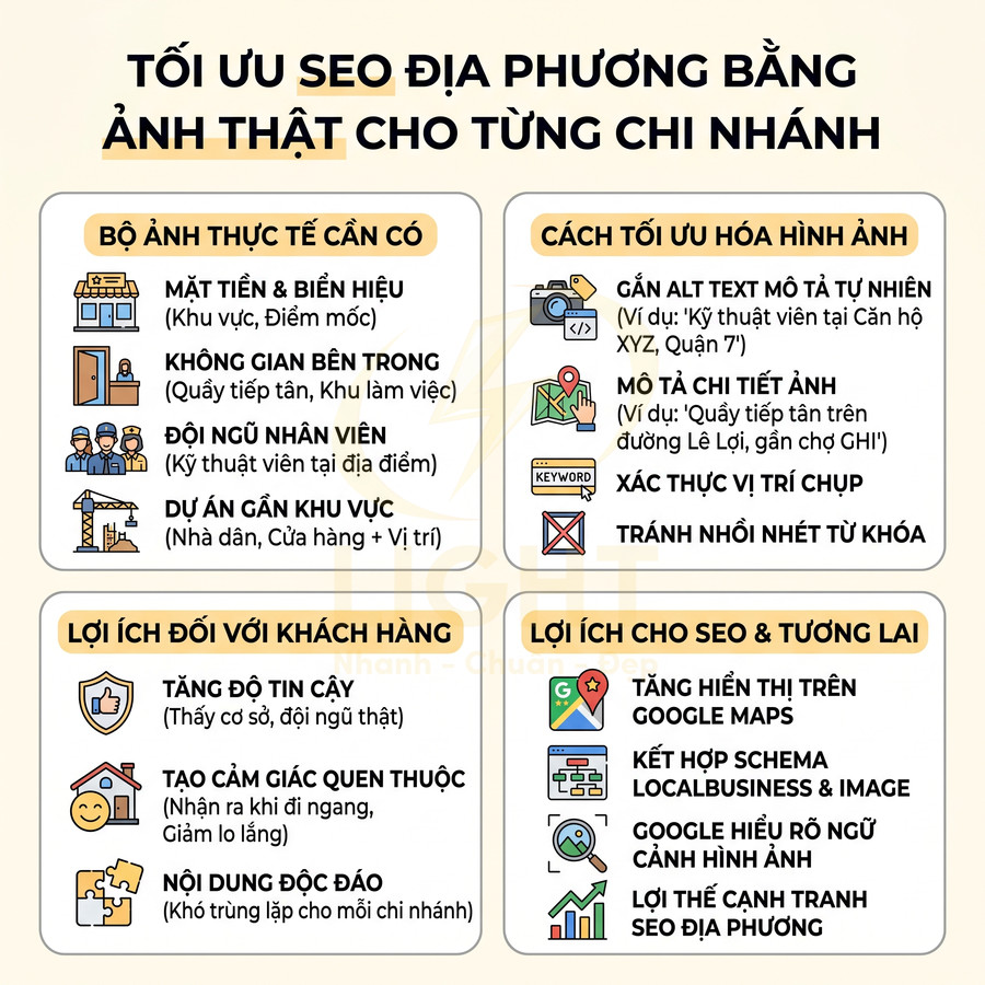 Infographic hướng dẫn tối ưu SEO địa phương bằng ảnh thật cho từng chi nhánh và lợi ích cho khách hàng, SEO