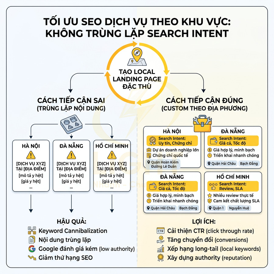 Infographic hướng dẫn tối ưu SEO dịch vụ theo khu vực, so sánh cách tạo local landing page sai và đúng
