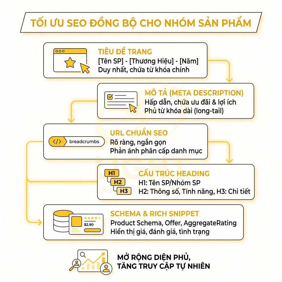 Infographic tối ưu SEO đồng bộ cho nhóm sản phẩm với tiêu đề trang, meta description, URL, heading và schema rich snippet