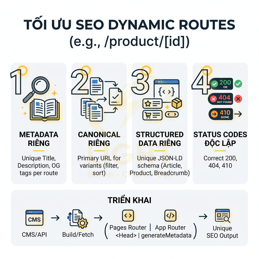 Infographic hướng dẫn tối ưu SEO cho dynamic routes với metadata, canonical, structured data và status code riêng