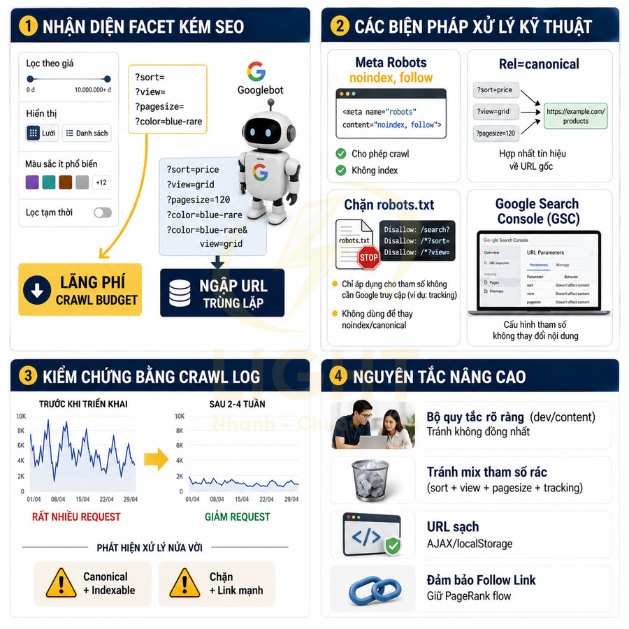 Infographic hướng dẫn xử lý facet kém SEO với Googlebot, meta robots, robots.txt, crawl log và nguyên tắc tối ưu URL