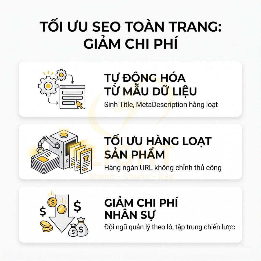 Banner giới thiệu giải pháp tối ưu SEO toàn trang giúp tự động hóa dữ liệu, tối ưu sản phẩm và giảm chi phí nhân sự