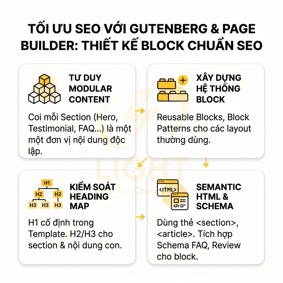 Hướng dẫn tối ưu SEO với Gutenberg và Page Builder qua tư duy modular content và thiết kế block chuẩn SEO