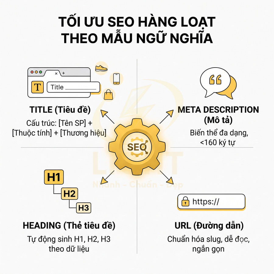 Mô hình tối ưu SEO hàng loạt với tiêu đề, heading, meta description và URL chuẩn hóa cho website