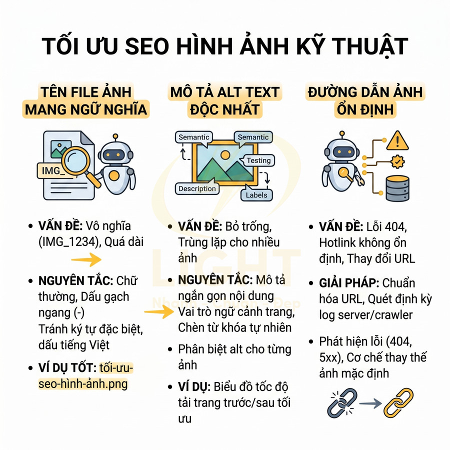 Hướng dẫn tối ưu SEO hình ảnh kỹ thuật với tên file, alt text và đường dẫn ảnh ổn định