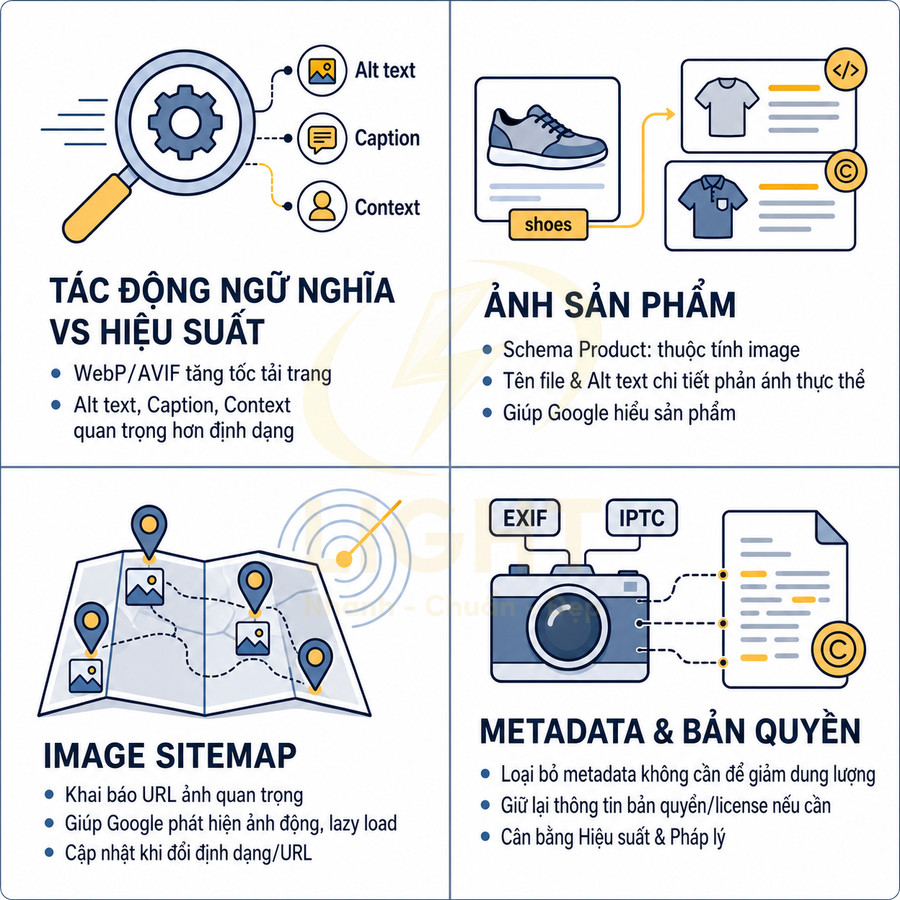 Infographic tối ưu SEO hình ảnh với alt text, ảnh sản phẩm, image sitemap và metadata bản quyền