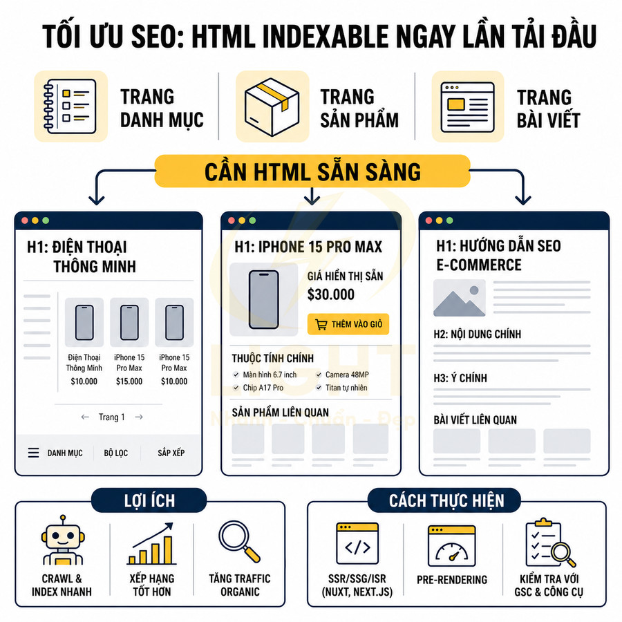 Minh họa tối ưu SEO HTML indexable cho trang danh mục, trang sản phẩm iPhone 15 Pro Max và bài viết e-commerce