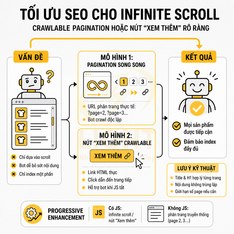 Hướng dẫn tối ưu SEO cho infinite scroll với phân trang crawlable và nút xem thêm rõ ràng