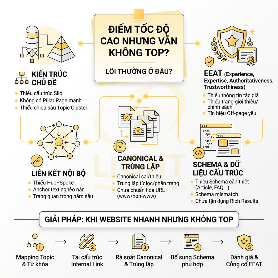 Infographic các lỗi SEO khiến website tải nhanh nhưng không lên top và giải pháp tối ưu cấu trúc, liên kết, canonical, schema, EEAT