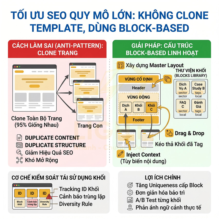 Infographic hướng dẫn tối ưu SEO quy mô lớn bằng cấu trúc block based thay cho clone template trang web