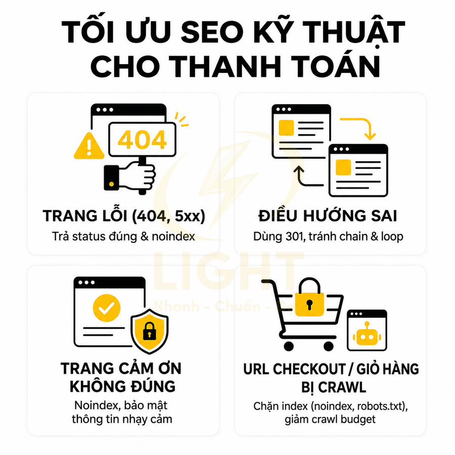 Infographic tối ưu SEO kỹ thuật cho trang thanh toán với lỗi 404, điều hướng sai, trang cảm ơn và chặn crawl giỏ hàng