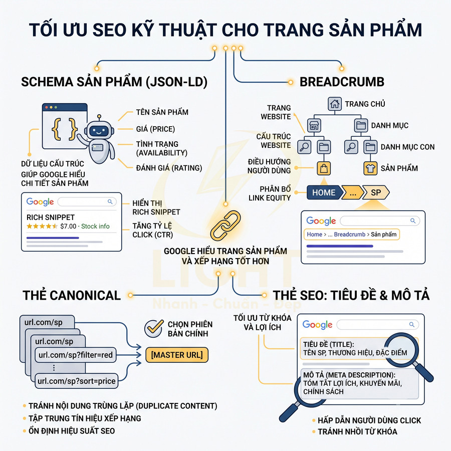 Hướng dẫn tối ưu SEO kỹ thuật cho trang sản phẩm với schema, breadcrumb, canonical và thẻ tiêu đề mô tả