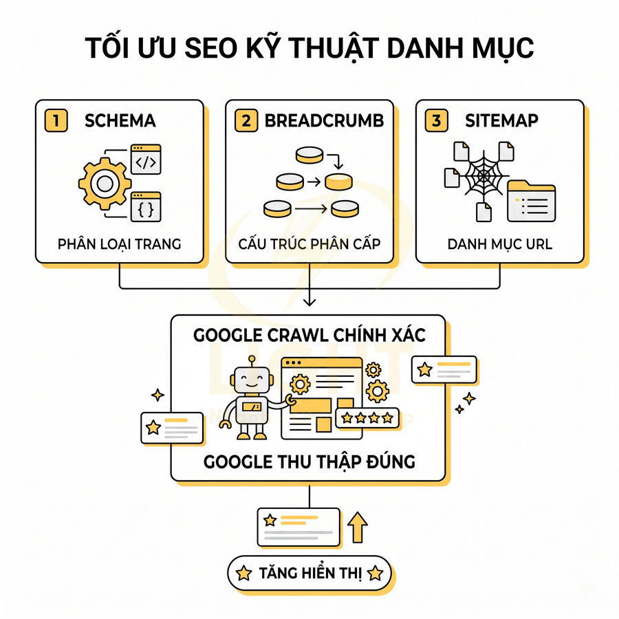 Sơ đồ tối ưu SEO kỹ thuật danh mục với schema breadcrumb sitemap giúp Google crawl chính xác và tăng hiển thị