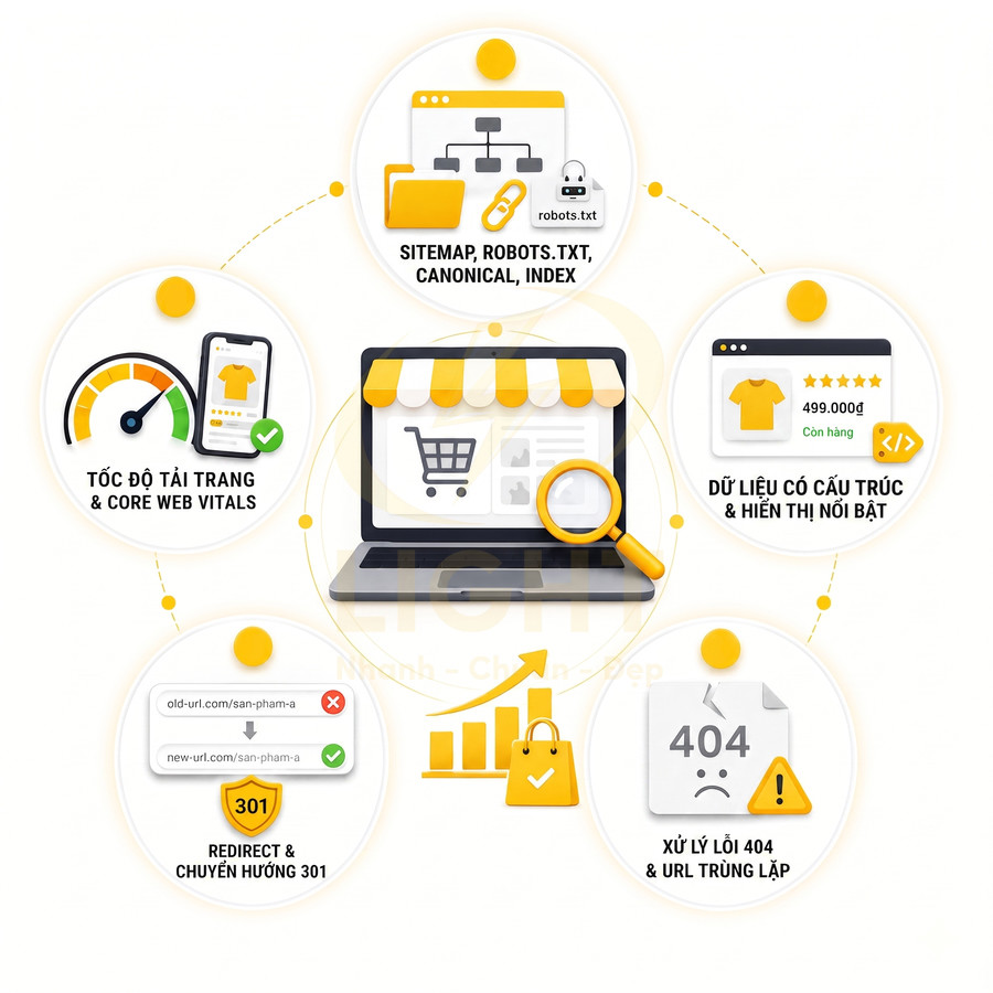 Minh họa tối ưu SEO onpage cho website bán hàng với sitemap, tốc độ tải trang, dữ liệu cấu trúc, redirect 301 và xử lý lỗi 404