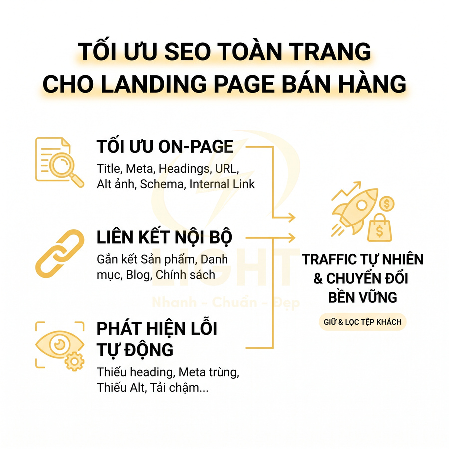 Tối ưu SEO toàn trang cho landing page bán hàng với onpage, liên kết nội bộ và phát hiện lỗi tự động