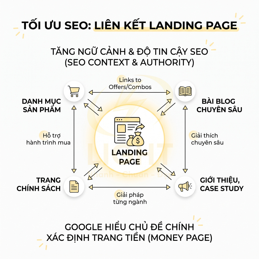 Sơ đồ tối ưu SEO liên kết landing page với danh mục sản phẩm, blog, trang chính sách và case study