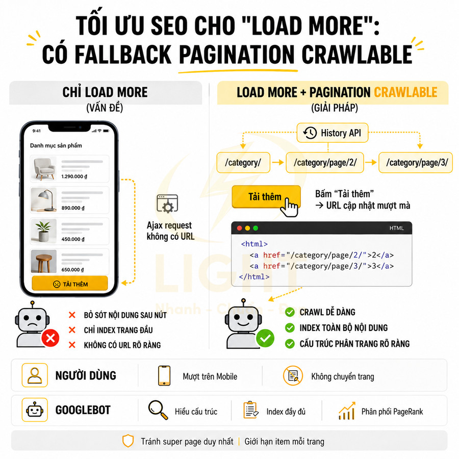 Infographic hướng dẫn tối ưu SEO cho nút tải thêm với fallback pagination crawlable trên trang danh mục sản phẩm