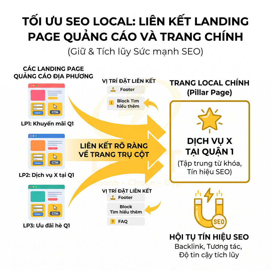 Sơ đồ tối ưu SEO local với liên kết từ nhiều landing page quảng cáo về một trang dịch vụ chính