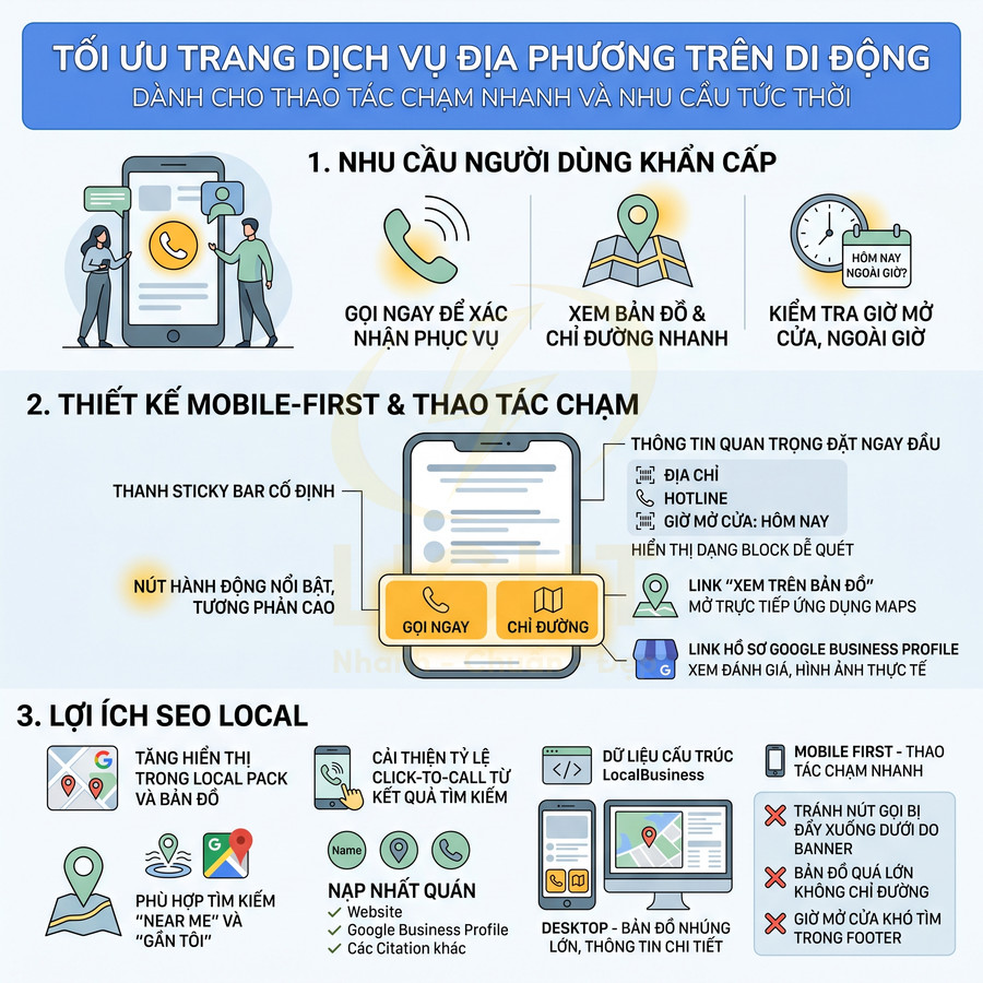 Infographic tối ưu trang dịch vụ địa phương trên di động với thiết kế mobile first và lợi ích SEO local