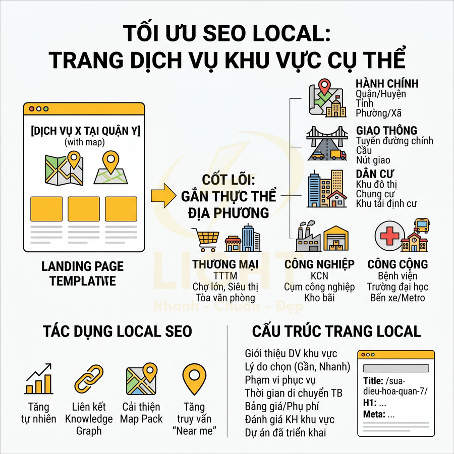 Infographic hướng dẫn tối ưu SEO local cho trang dịch vụ khu vực cụ thể và cấu trúc landing page địa phương