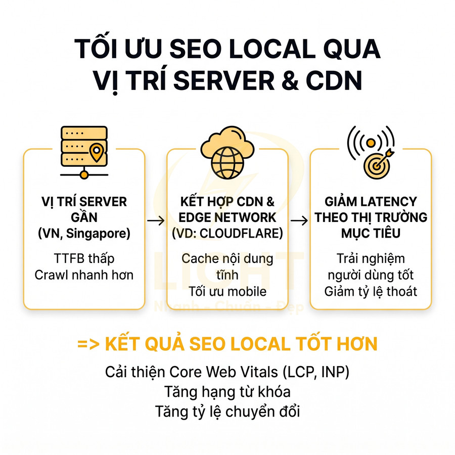 Tối ưu SEO local bằng vị trí server gần, kết hợp CDN Cloudflare và giảm latency theo thị trường mục tiêu