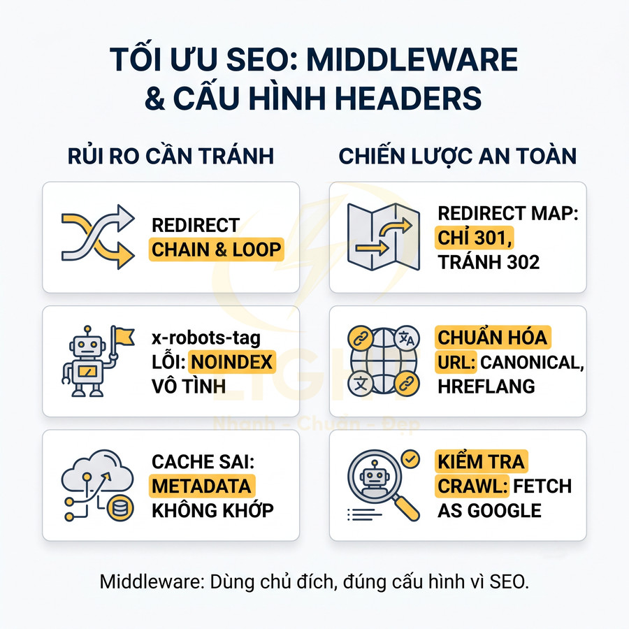Infographic tối ưu SEO với middleware và cấu hình headers, liệt kê rủi ro và chiến lược an toàn cho redirect, cache, crawl