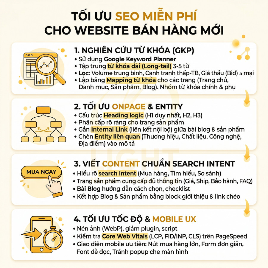 Checklist tối ưu SEO miễn phí cho website bán hàng mới với 4 bước từ nghiên cứu từ khóa đến tối ưu mobile UX