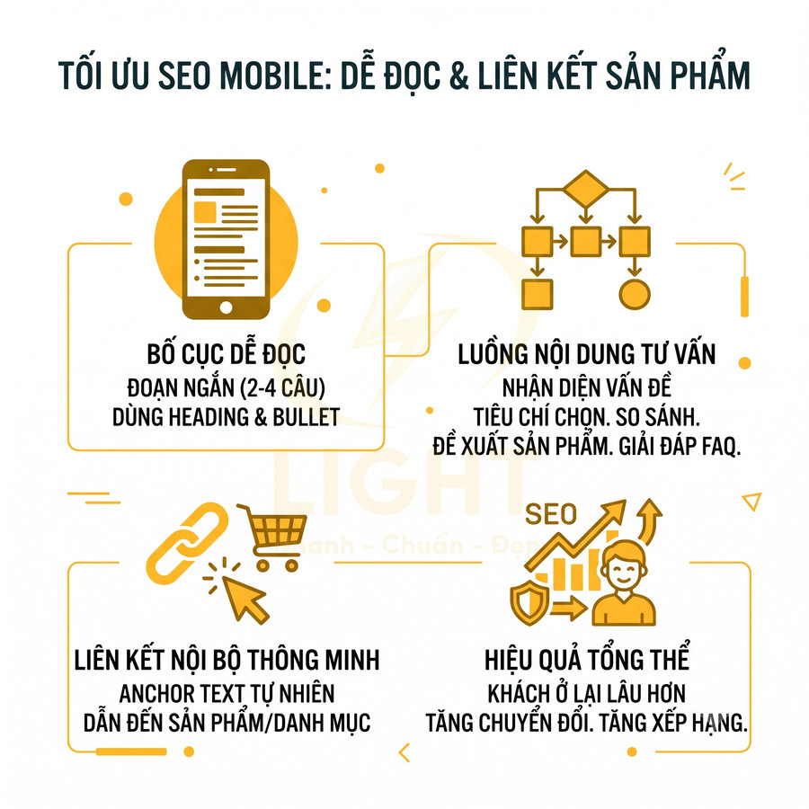 Infographic tối ưu SEO mobile với bố cục dễ đọc, liên kết nội bộ thông minh và nội dung tư vấn tăng chuyển đổi
